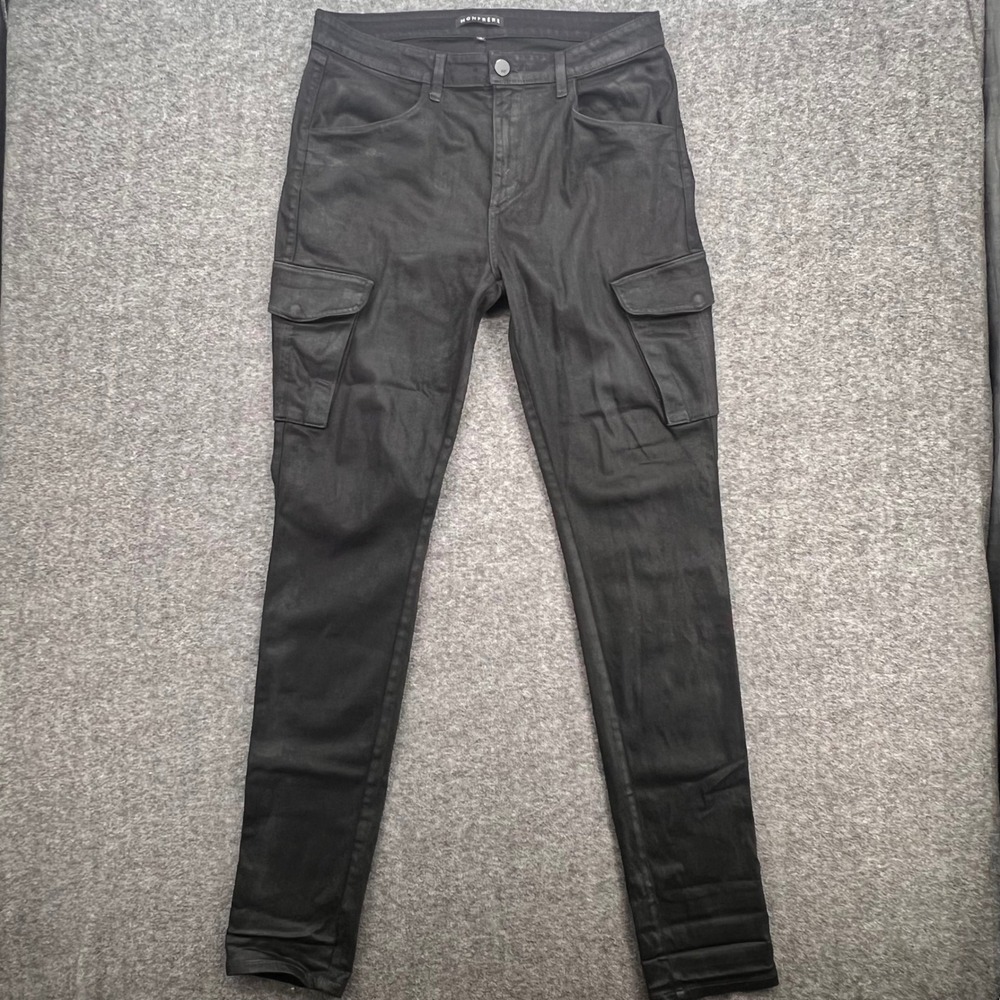Monfrere Coated Black Denim Cargo Pants Slim Fit Waxed Utility Trousers Size 36